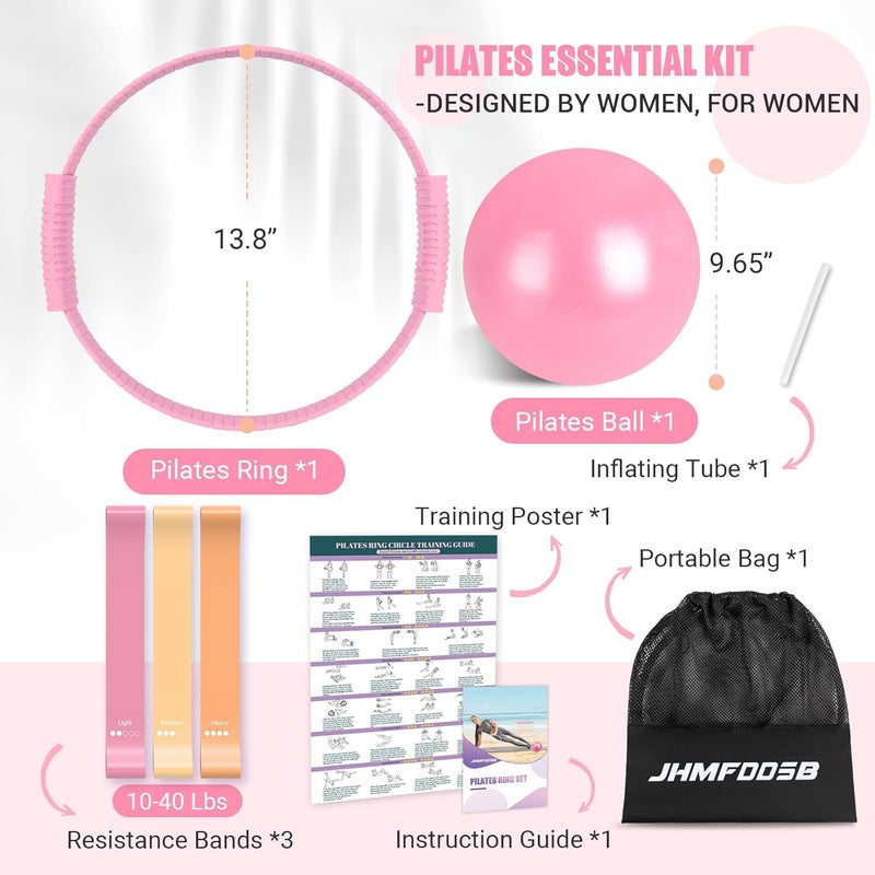 JHMFDDSB Pilates Ring Set, Pilates Essentials Kit with Pilates Ring and Ball, 3 Resistance Bands, Portable Bag & Training Poster, at Home Pilates Starter Workouts Equipment Kit for Women - Image 2
